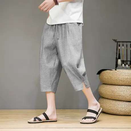 亚麻七分裤男士夏季薄款透气宽松直筒中国风棉麻阔腿7分短裤中裤商品大图