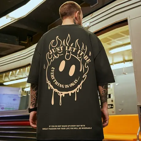 2023新款夏季男士大码男装短袖T恤潮牌印花潮流宽松半袖圆领上衣商品大图