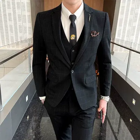 休闲西服套装男修身韩版商务正装格子高级感伴郎礼服新郎主持西装商品大图