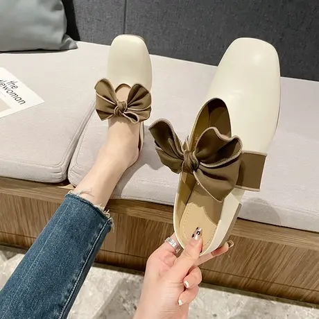 方头包头半拖鞋女夏季2023年新款时尚外穿一脚蹬玛丽珍粗跟平底鞋商品大图