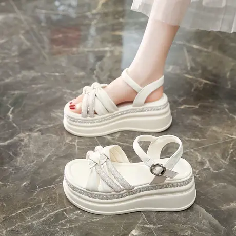 时装内增高跟罗马凉鞋女2023年夏季新款爆水钻松糕坡跟厚底一字扣商品大图