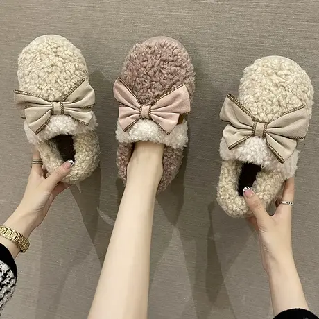 棉拖鞋女包跟冬季外穿可爱蝴蝶结ins居家用厚底保暖毛绒月子棉鞋商品大图