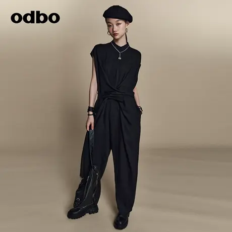 odbo/欧迪比欧原创设计感小众黑色短袖连体裤女春季新款长裤图片