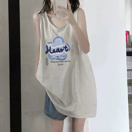 美式纯棉吊带运动坎肩背心无袖t恤女夏季外穿篮球服宽松挂脖上衣图片