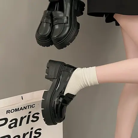 厚底乐福鞋女2024年春季新款洋气粗跟单鞋一脚蹬英伦风百搭小皮鞋图片