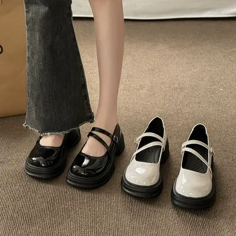 小众设计圆头黑色百搭厚底小皮鞋女2024新款夏季复古法式玛丽珍鞋商品大图