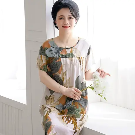 妈妈睡裙女2022年新款夏季连体睡衣中老年纯棉绸短袖长裙薄款老人图片