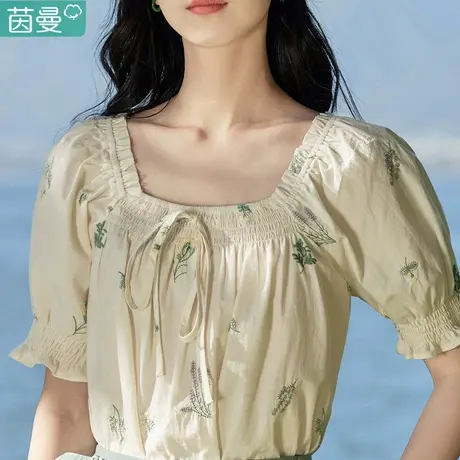 茵曼衬衣女2023夏季新款宽松纯棉方领衬衫小众上衣别致漂亮小衫商品大图