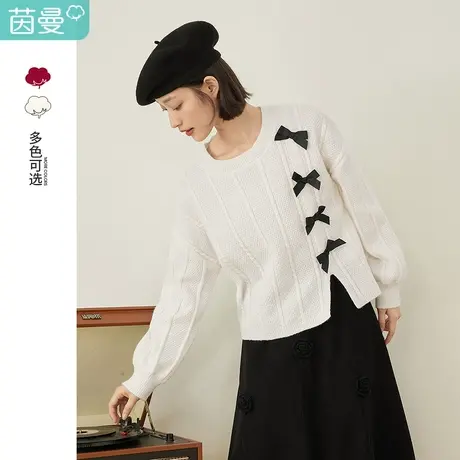茵曼套头女2023冬季新款蝴蝶结甜美圆领休闲宽松灯笼袖开叉针织衫图片