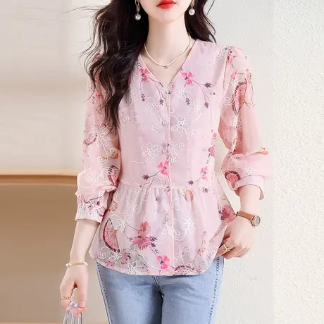 秋季女士雪纺衬衫2023新款小清新别致气质V领长袖衬衣百搭打底衫商品大图