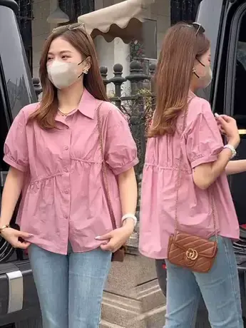 泡泡袖宽松设计感显瘦衬衫女2023夏季新款韩版百搭短袖衬衣小衫潮商品大图