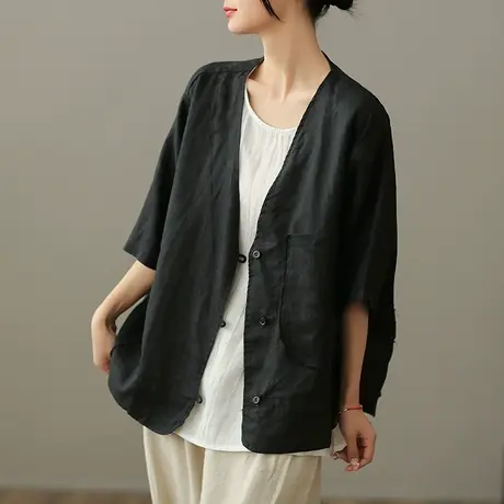 dza 纯色苎麻短外套女士2023夏季薄款小西服宽松百搭棉麻开衫上衣商品大图