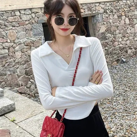 初秋季纯欲风白色Polo领打底衫长袖T恤女辣妹早秋装上衣2023新款商品大图