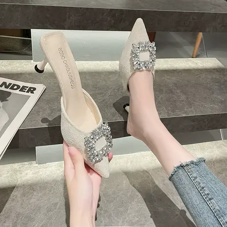 包头半拖鞋女夏外穿百搭方扣水钻凉鞋尖头细跟高跟鞋穆勒法式凉拖商品大图