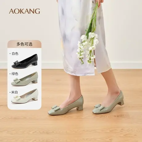 奥康 女鞋2025春季浅口单鞋蝴蝶结粗跟通勤OL时尚套脚中跟鞋图片