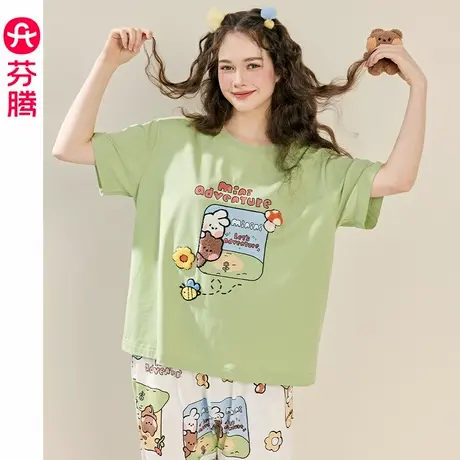 芬腾布朗熊睡衣女夏季纯棉短袖薄款可爱休闲可外穿大码家居服套装商品大图