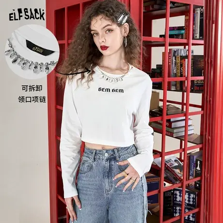 妖精的口袋可拆卸水钻正肩白色短款t恤女2023秋季新款长袖bm上衣商品大图
