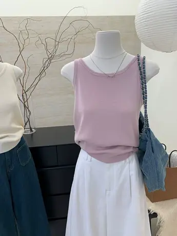 韩版百搭时尚外穿条纹无袖针织背心女冰丝吊带内搭短款夏季上衣图片