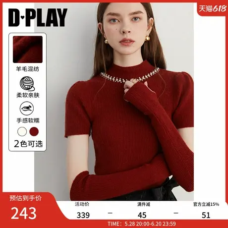 DPLAY2025年春季优雅气质红色圆领修身针织衫含兔毛羊毛混纺上衣图片