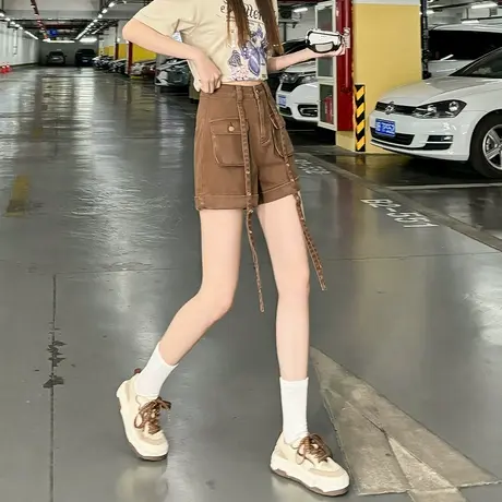 唐狮春季新款牛仔短裤女工装潮酷时尚设计感辣妹咖色裤子图片