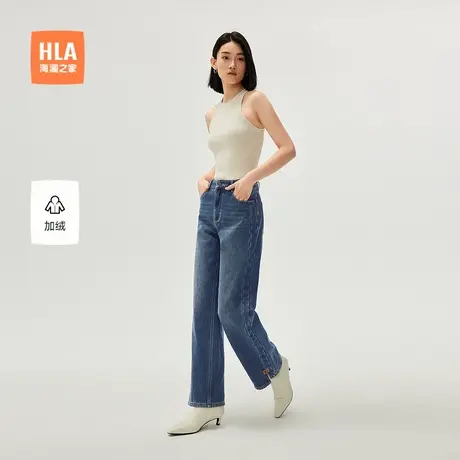 HLA/海澜之家加绒牛仔裤24秋冬新五袋款显瘦裤脚开衩保暖裤子女装商品大图