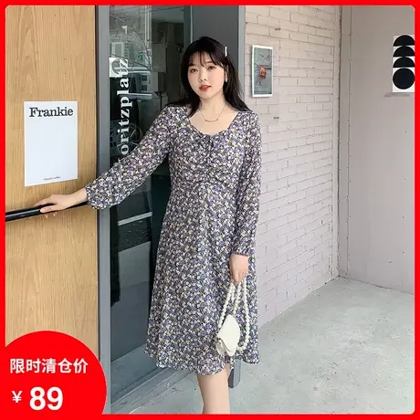 2023年秋季新款法式雪纺碎花抽绳绑带遮肉显瘦胖MM连衣裙大码长袖商品大图