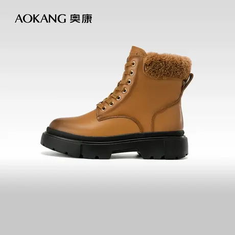 【运动皮鞋】奥康女鞋冬季款真皮复古小个子短靴厚底毛口马丁靴图片