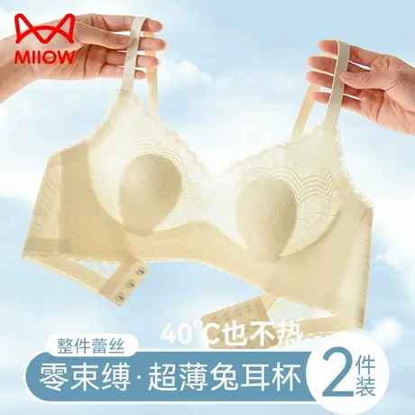 猫人无痕内衣女夏季超薄兔耳朵防凸点大胸显小法式性感蕾丝文胸罩商品大图