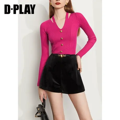 DPLAY秋新气质名媛复古爱心金属链条高腰丝绒短裤裤子女图片