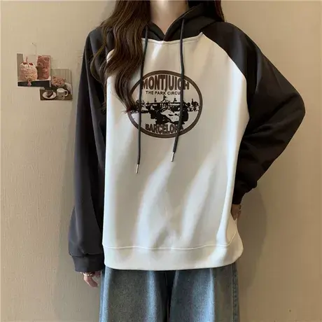 撞色插肩袖设计感连帽卫衣女春秋季2025新款薄款宽松长袖上衣外套商品大图