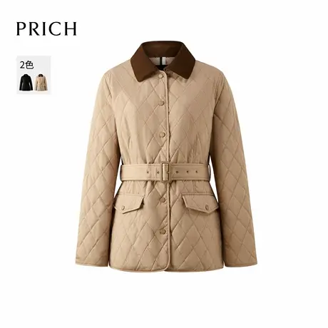 【三防】PRICH时尚撞色翻领菱格绗缝棉服2025秋冬新款收腰外套女商品大图