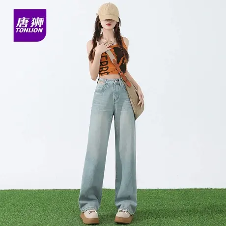 唐狮怀旧蓝牛仔阔腿直筒裤女2025年秋季腰头皮牌后袋绣花裤子潮AX商品大图