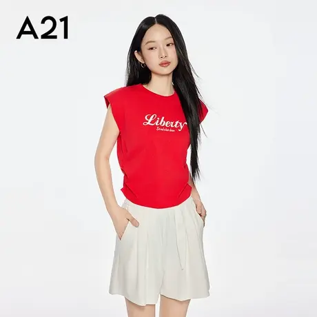 A21女装红色圆领微弹T恤2025夏季新款简约印花字母抽褶短袖上衣图片