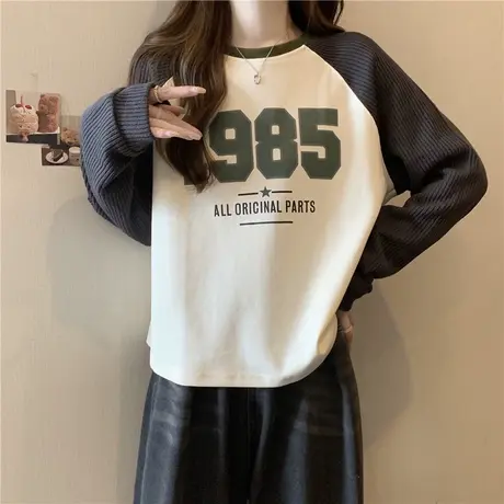 圆领无帽针织长袖卫衣女秋装薄款百搭宽松显瘦撞色拼接插肩袖上衣商品大图