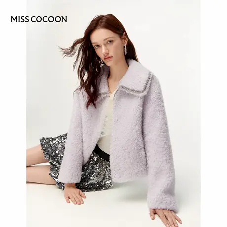 MISSCOCOON可可尼紫色外套女2025冬季新款千金风100%羊羔毛皮草图片