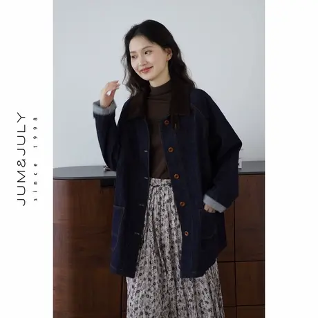 嘉茱莉复古牛仔外套女2025秋季新款小个子中长款通勤休闲百搭上衣商品大图