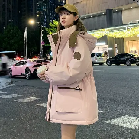 【防水】唐狮撞色连帽羽绒服女2024冬季新款爆款工装外套派克服商品大图