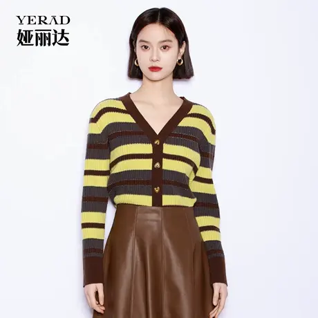 【商场同款】娅丽达撞色条纹羊毛针织开衫女春秋新款上衣绿色外套商品大图