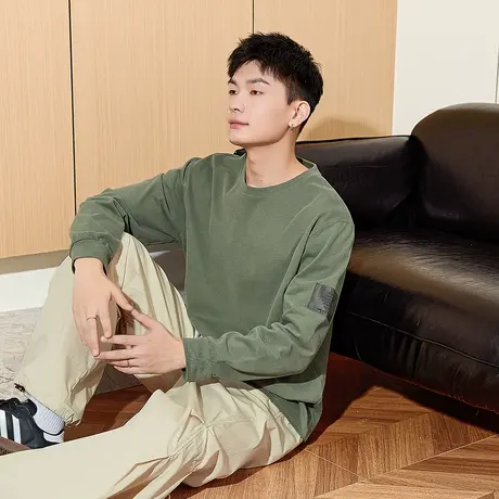 唐狮秋季新款长袖T恤男宽松纯棉圆领潮流内搭纯色打底衫上衣tu商品大图