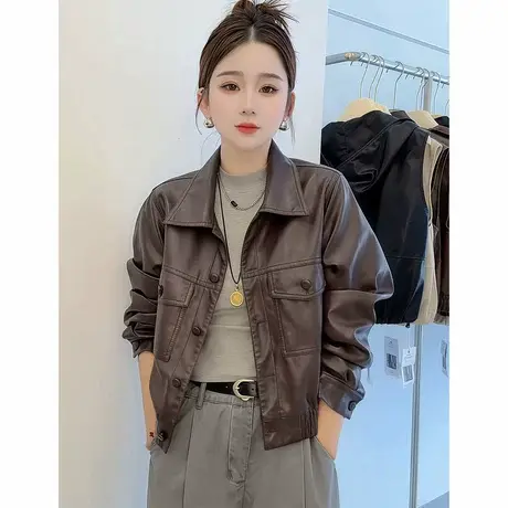 时尚翻领单排扣短款皮衣外套女2025早秋新款韩系宽松休闲百搭夹克商品大图