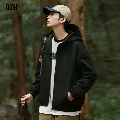 男士黑色休闲工装外套男春秋男装秋装2023新款上衣户外冲锋衣帽衫商品大图
