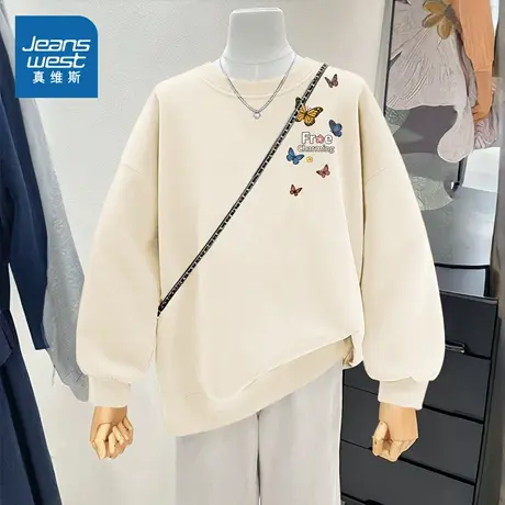 NOB真维斯圆领无帽卫衣女2025新款春秋季青少年宽松独特上衣外套商品大图