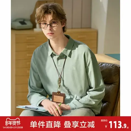 唐狮2026春季新款Polo衫男长袖polo翻领宽松休闲风青年茶绿男装商品大图