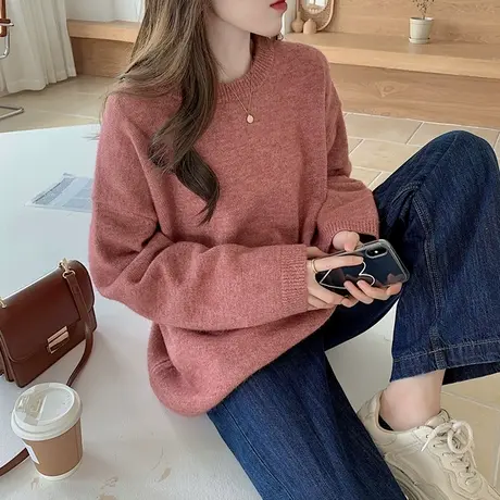 秋冬季毛衣女简约风净色花纱圆领套头慵懒风高级感好看TU图片