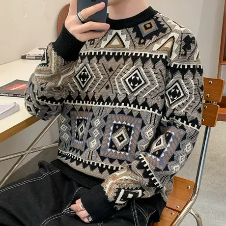 港风涂鸦个性提花圆领毛衣男士冬季毛线衫潮牌复古宽松男生针织衫商品大图