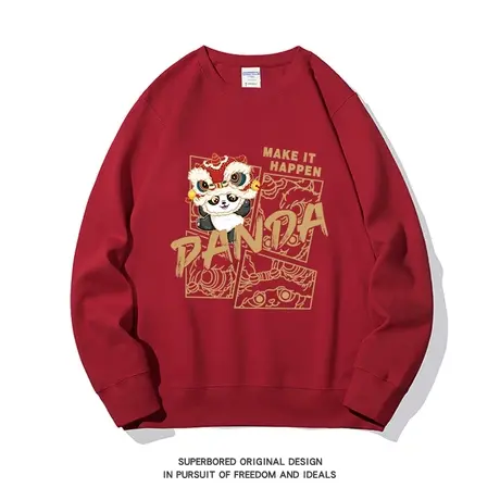 酒红色国潮熊猫卫衣男2023秋冬季加绒圆领宽松休闲套头长袖上衣图片