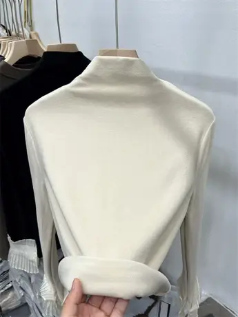 纯色双面绒针织T恤女长袖2023秋冬爆款半高领套头上衣简约打底衫商品大图