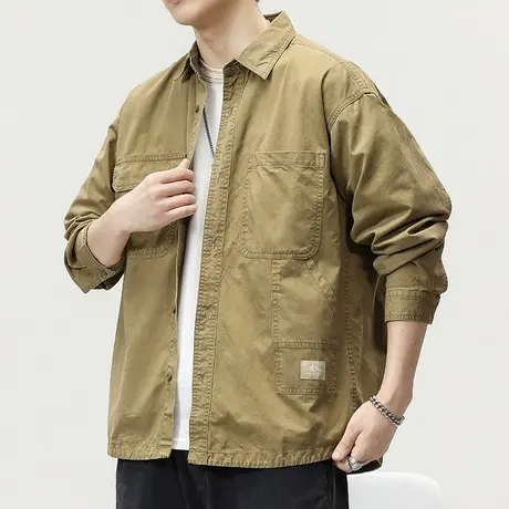 潮流衬衫长袖男士纯棉工装衬衫外套美式翻领休闲百搭潮流外套男装图片