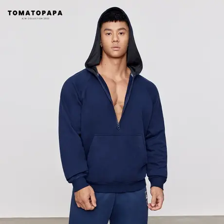 TOMATOPAPA连帽卫衣复古印花半拉链翻领套头衫潮牌男青年百搭上衣图片