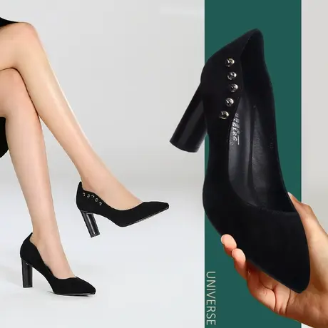 春季新款真皮舒适红色皮鞋女磨砂粗跟高跟鞋软皮浅口尖头单鞋图片